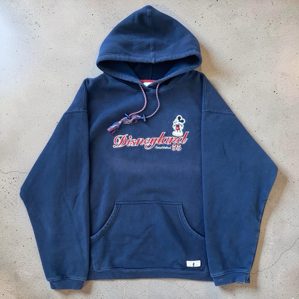 Vintage Disneyland Hoodie Mickey Spell Out Logo Sweatshirt Hooded Size XXL Blue